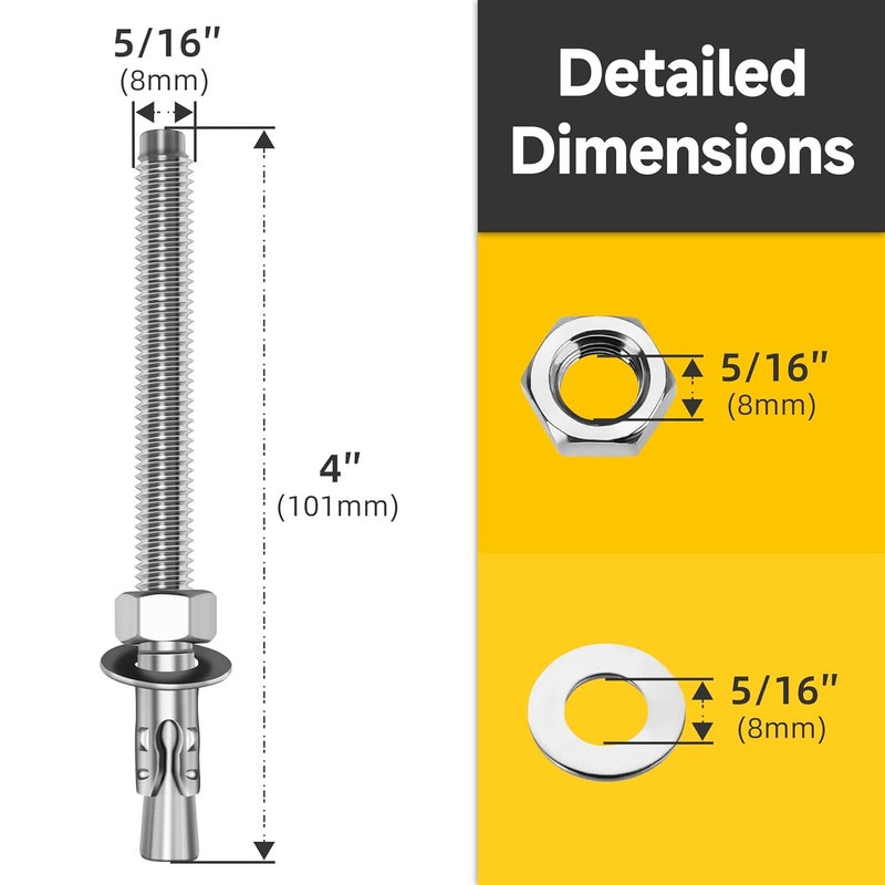 MYWISH 5/16 x 4 Inch Wedge Anchors, 10Pcs 304 Stainless Steel Industrial 5/16 Heavy Duty Industrial Masonry Wdege Anchor Bolts for Brick Cement and Concrete, Bright Finish - Image 2